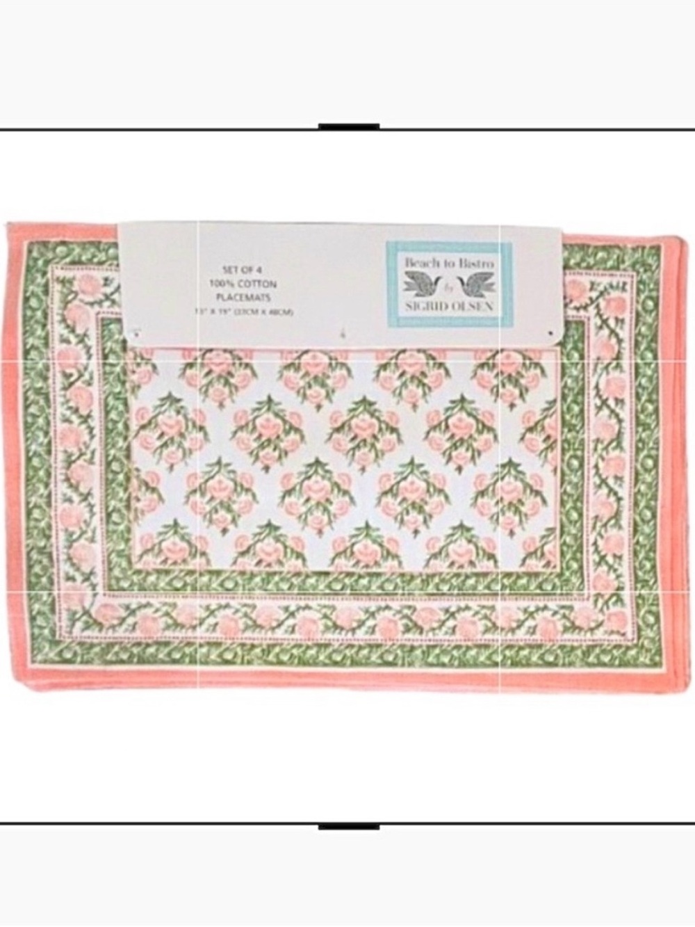 🆕- Sigrid Olsen Beach to Bistro- Set of 4 Pink Seashell & Green Leaf Placemats